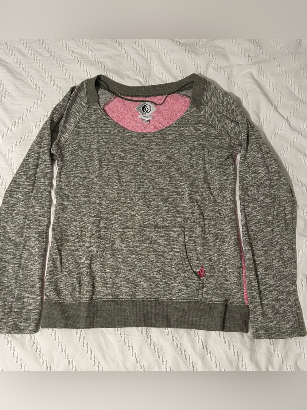 Volcom Women’s Pullover Sweater Knit Long Sleeve Pocket Greenish Gray Pink M